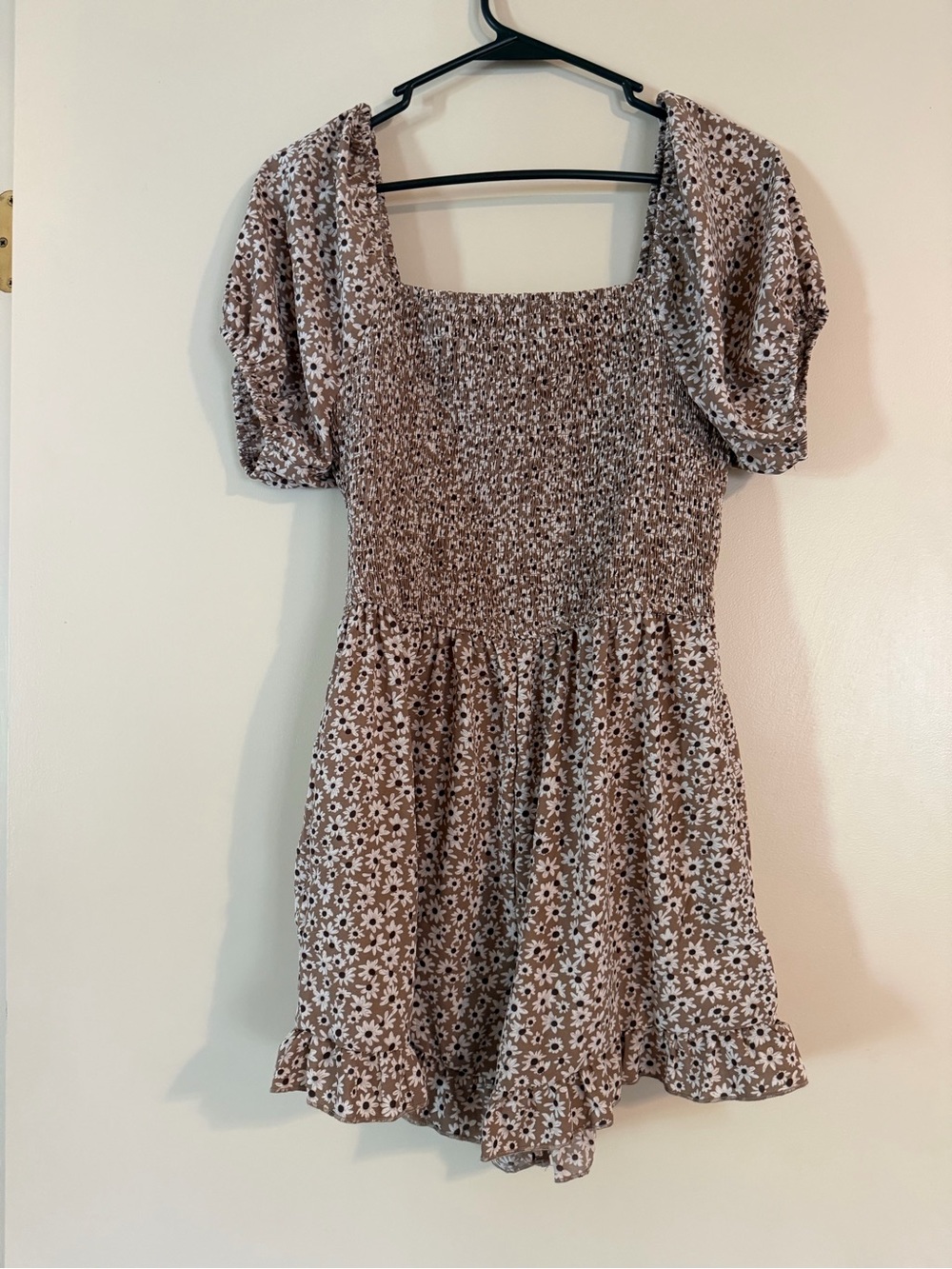 Smocked Square-Neck Floral Romper in Brown